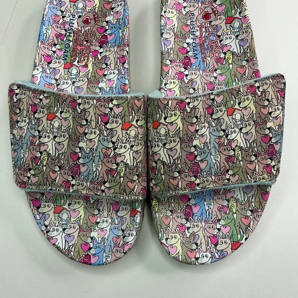 Skechers Multicolor BOBS Dog Print Kids 6 Slides 113735 Plush Foam Sandals